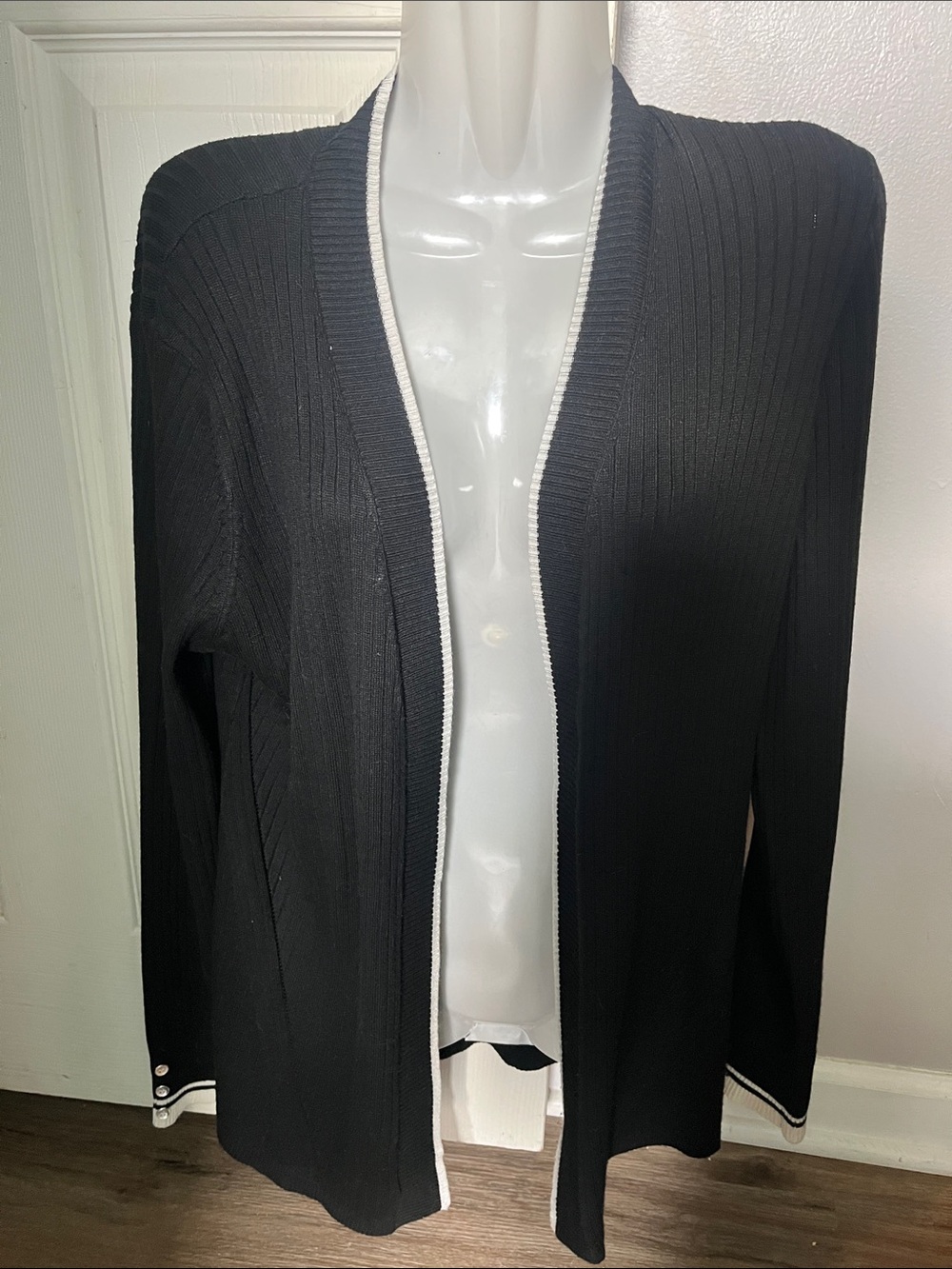 89th & Madison Black Open-Front Jacket with White Trim